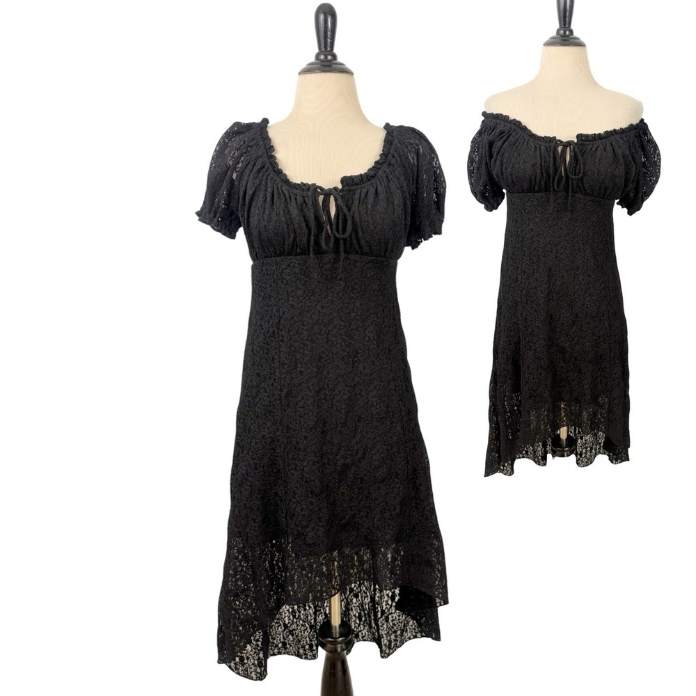 NO BOUNDARIES Black Lace Milkmaid DRESS M Assymetrical Puff Coquette Whimsigoth